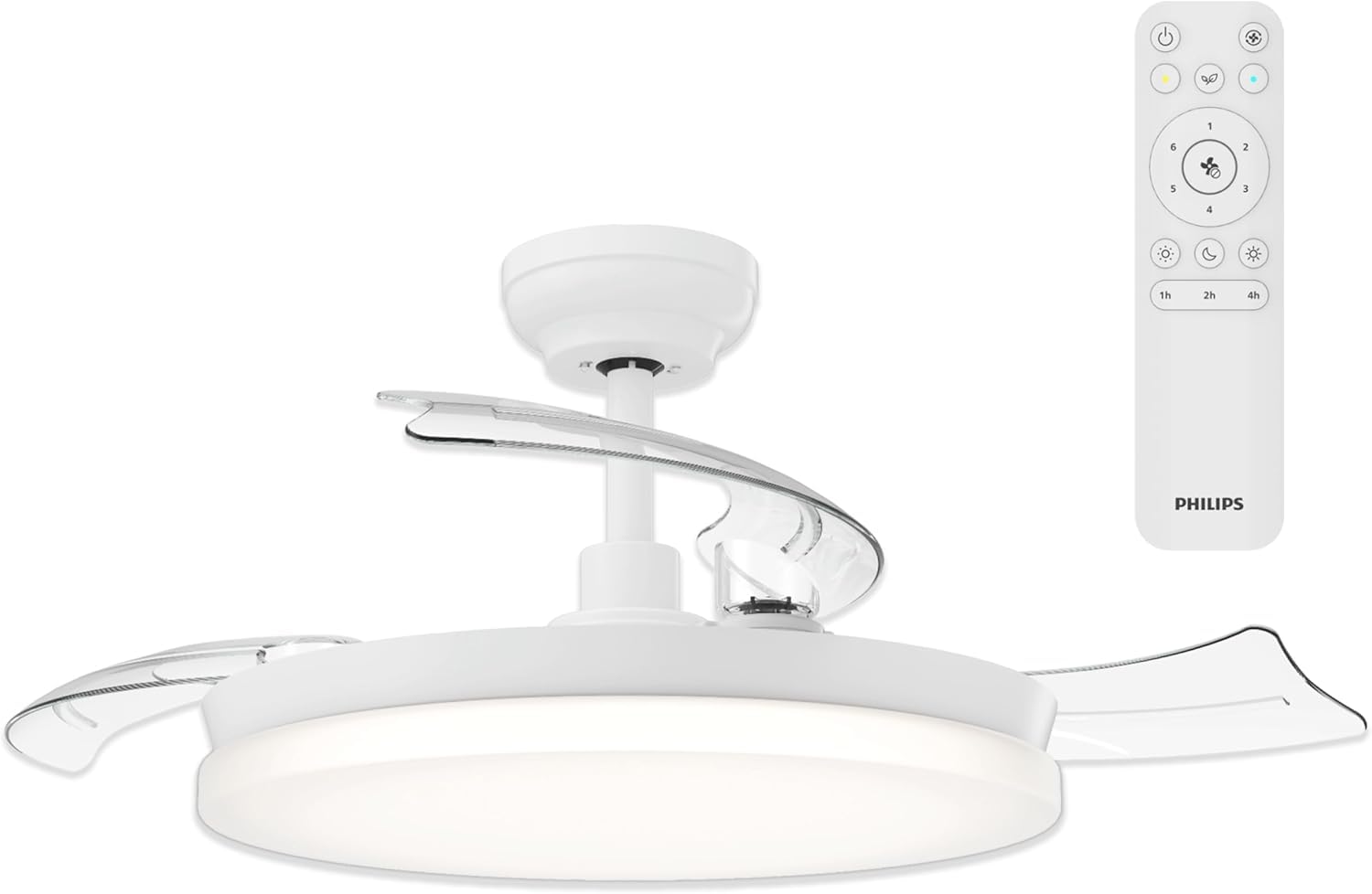 Philips Solr Ventilatore a Soffitto con Pale Retrattili e Lampadina LED, 3 Pale, Pala Aperta 106 cm, 4.500 lm, 3 Ton. Luce Bianca (2.700/4.000/5.500 K), Regol. Fino a 10%, Telecom. Incl., Bianco