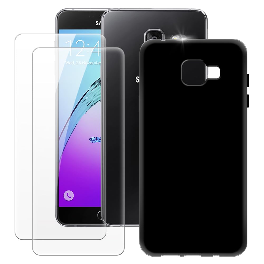 MILEGOO Samsung Galaxy A7 2016 Case + 2PCS Screen Protector Tempered Glass, Ultra Thin Bumper Shockproof Soft TPU Silicone Cover for Samsung Galaxy A7 2016 (5.5”) Black