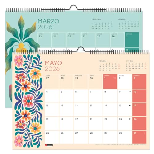 Miquelrius Wandkalender 2026, Jahresplaner A3, 420 x 296 mm, mit Notizfeld, Doppelspiralbindung, 12-Monatsplaner, Spanisch, Blumen