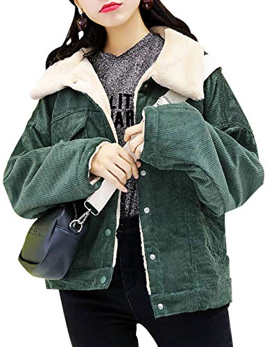 Tanming Womens Casual Warm Corduroy Sherpa Lined Button Up Short Trucker Jacket Coat?Green-S?