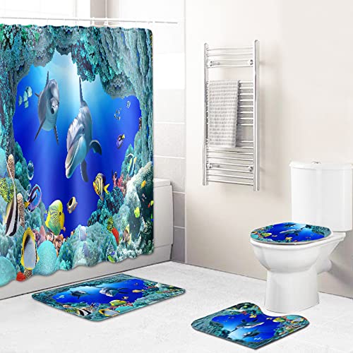 Duschvorhang Royal Blue Dolphin Badezimmerteppich 4-Teiliges Set, Duschvorhang 180x180 Polyester+Badematte rutschfeste…