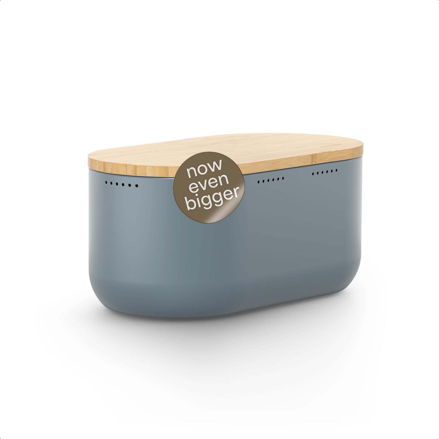 LARS NYSØM Bread Box I Metal bread box for long lasting freshness with non-slip pads I Baked goods Bin with bamboo lid usable as cutting board I 34.5x18.5x15.8cm (Stone Blue)