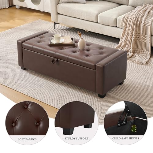 Image of Huatean Home 48 inch Ottoman with Storage, Storage Ottoman Bench with Safety Hinge, Upholstered Entryway Bench with Seating for Bedroom, Living Room, Holds up to 330 lb, Dark Brown