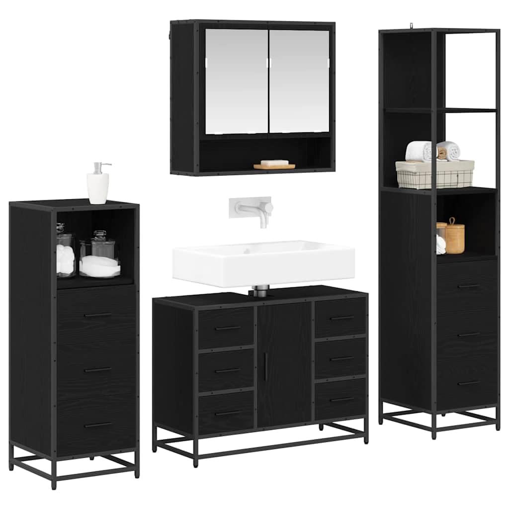 Set di mobili da bagno nero effetto rovere in legno, lavabo con mobiletto sottolavabo, armadietto a specchio, armadietto alto, pensile per ordine e spazio in bagno