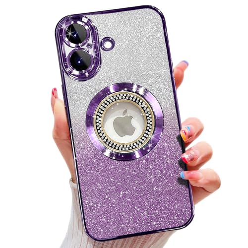 Image of Misscase for iPhone 17 Magnetic Glitter Case,Cute Full Protection Slim Shockproof Anti-Scratch Bling Sparkly Case with Camera Lens Protector, Logo View Dust-Proof Net for Women Purple
