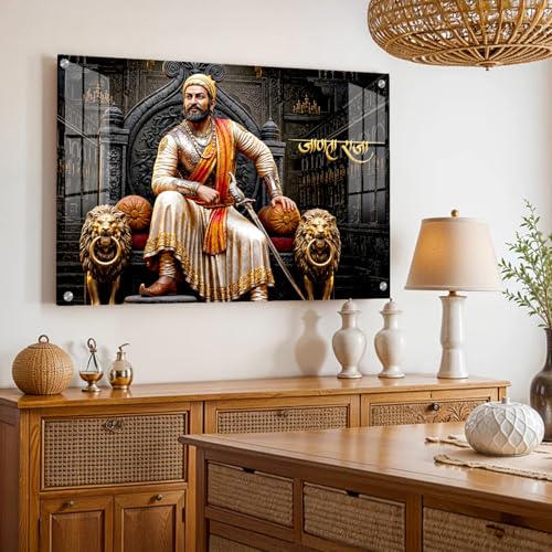Image of The Hanging Story Shivaji Maharaj Wall Painting for Living Room Bedroom | Acrylic Glass Printed Painting | Maharaja Royal King Wall Decor for Office, Hotel, Hall, Home Decoration (18x24 inch)