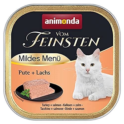animonda vom Feinsten Mildes Menü Pute + Lachs (32 x 100g), getreidefreies Katzenfutter nass ohne Zucker, leicht verdauliches Katzenfutter mit Putenfleisch