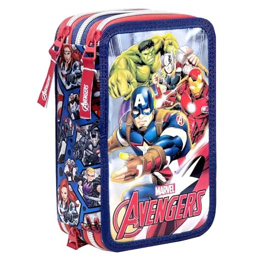 Clondo Plumier Triple Escolar 44 Piezas – para Los Vengadores Avengers Fan – con Bolígrafos, Lápices de Colores, Rotuladores, Tijeras – Azul – para Niños – Regalo o Colegio – Superhéroes