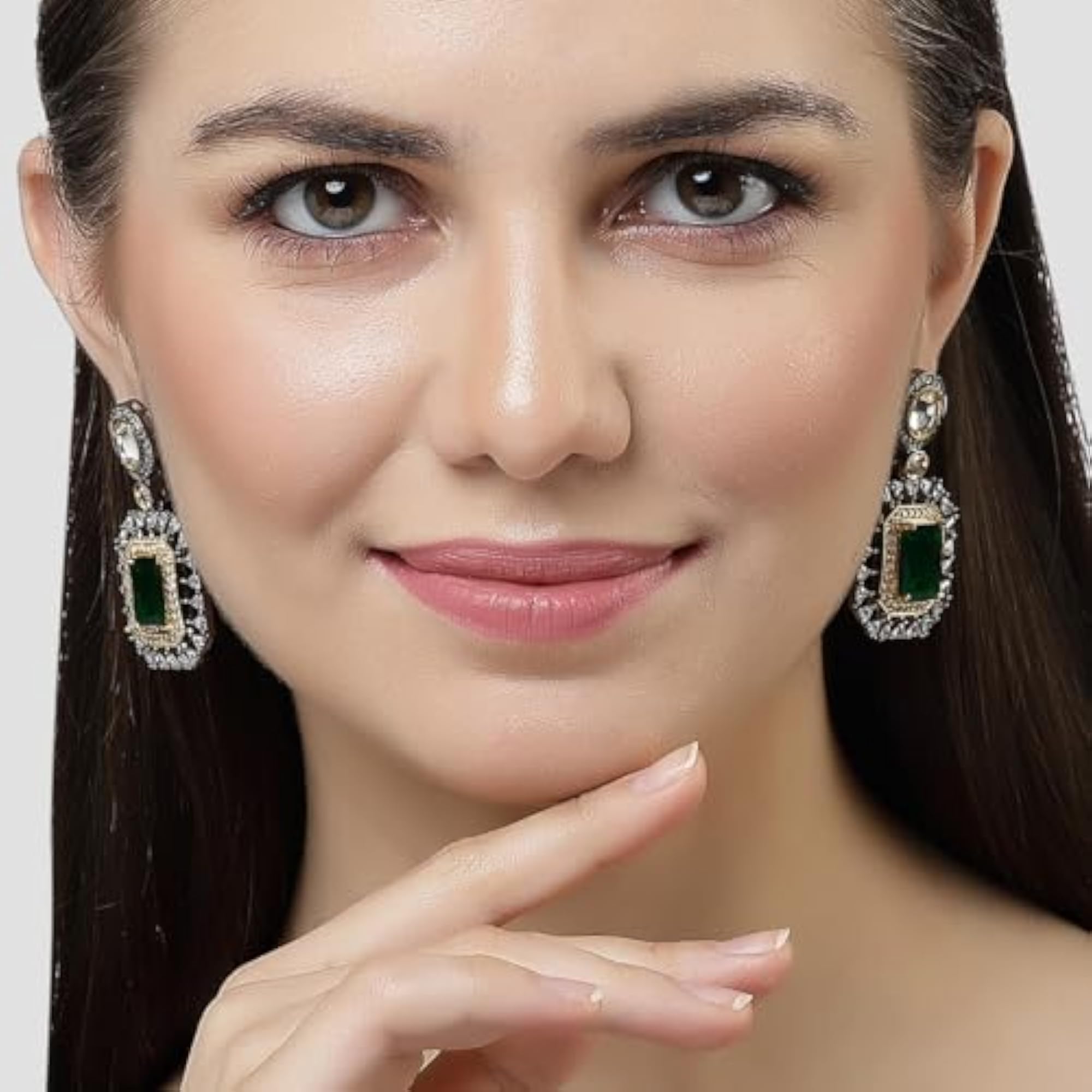 Black Silver Plated Lime Green American Diamond Studded Drop Earrings
