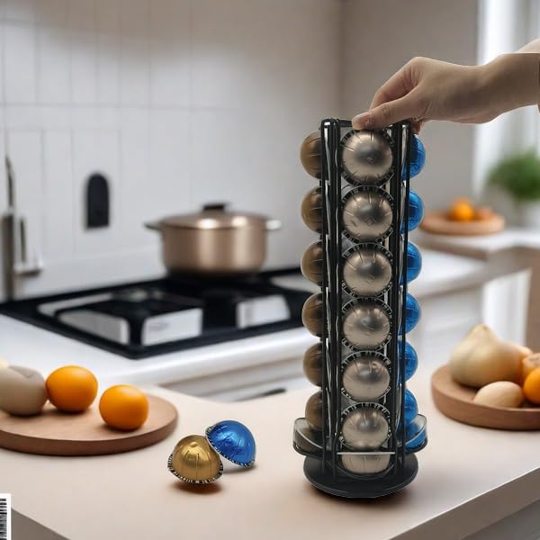 Meelio Vertuo Pod Holder Carousel Stand for 28 Nespresso Vertuo Capsule Storage Organizer with Extra Space for Coffee Mate Silent Rolling,Black: Black 28 Vertuo Pod