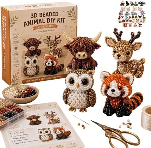 3D Beaded Craft Kit, Handmade Creative Jewelry Art Craft Kit for Kids,Teens & Adults, DIY Handmade Bead Art Set with Full Materials & Instructions (1-Woodland Friends)