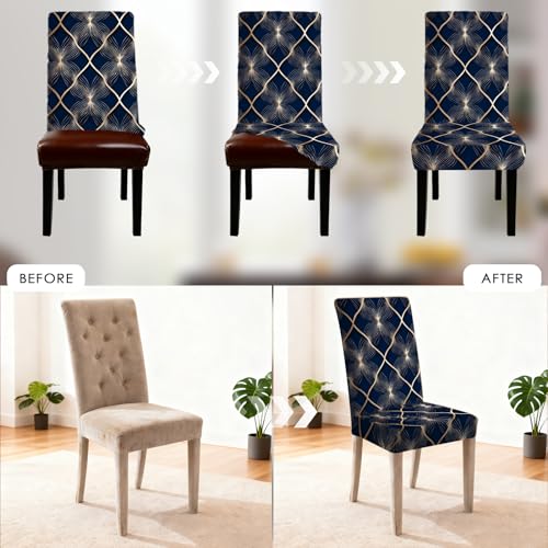 Image of Nuxovilar 4PCS Dark Blue Gold Line Floral Grid Stretch Covers