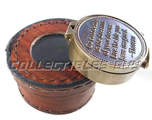 Brújula de bolsillo de latón antiguo con estuche de cuero miniatura 1