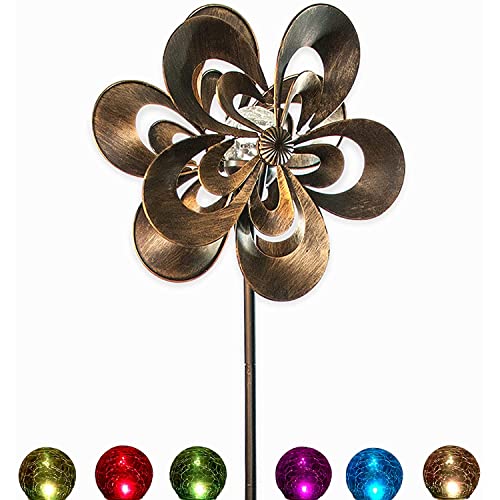 Molinillo de viento solar Magnolia multicolor con iluminación LED de temporada, bola de vidrio con cinético giratorio de viento de doble dirección para patio, césped y jardín Cover