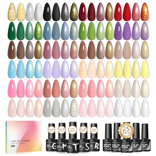 PEACECOLOR 30PCS Gel Nail Polish Spring Summer Colors White Pink Green Soak Off U V/LED Gel Polish with Base Coat and Glitter Matte & Glossy Top Coat Nail Art Set DIY Home Gifts for Women
