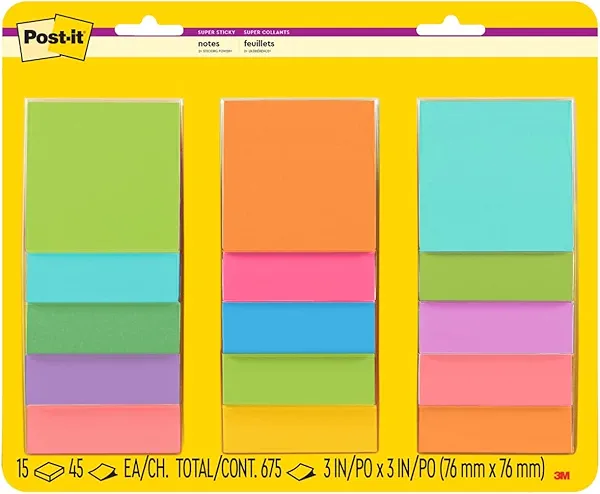 Post-it Super Sticky Notes, 3x3 in, 15 Pads, 2X The Sticking Power, Supernova Neons and Energy Boost Collections, Recyclable(654-15SSMULTI2)