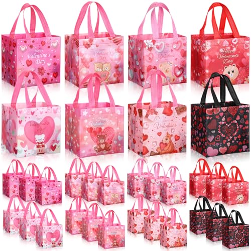 Image of Wovnet 32 Pcs Valentines Day Gift Bags for Valentines Tote Bags with Handle Reusable Non Woven Heart Bags Valentines Treat Bags for Gift Giving Gift Exchange Wedding Party(Classic Style)