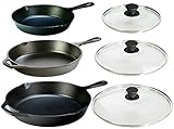 Lodge Seasoned Cast Iron 6 Piece Bundle. Three Sets of Cast Iron Skillets with Tempered Glass Lids....