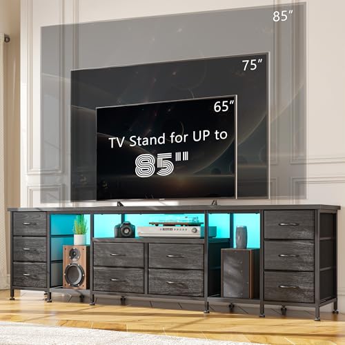 Image of 75.5 inch Long TV Stand for 85 /80 /75 Inch TVs LED Entertainment Center with Power Outlets & 10 Storage Drawers, Television Stands with 2 Wood Shelves for Living Room Gaming Room Sturdy Metal Frame, Black