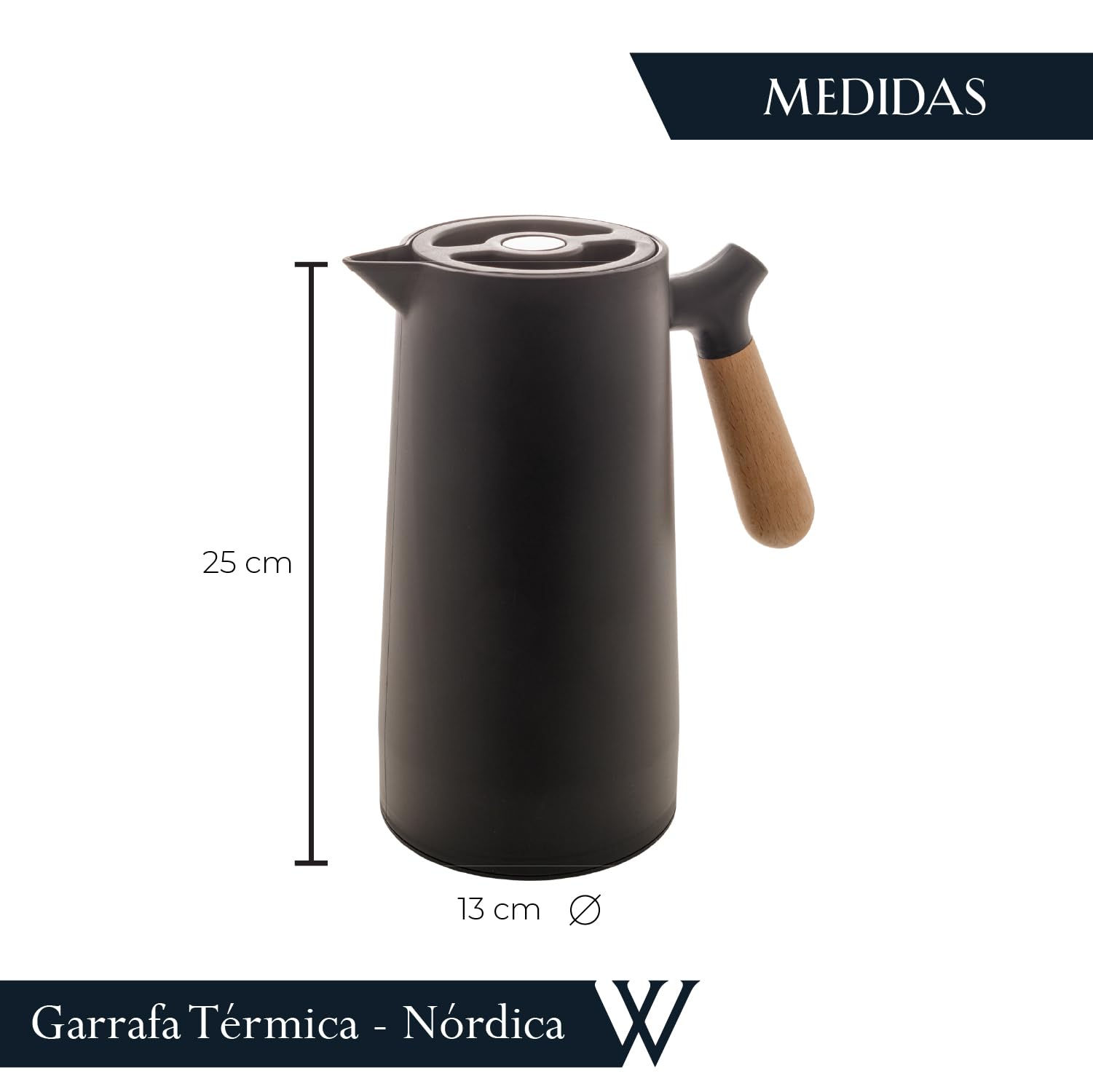 WOLFF Jarra térmica negra para mantener el calor o el frío, termo de doble pared aislada para té, bebidas calientes de agua, dispensador de café a prueba de fugas con mango de madera, botella térmica