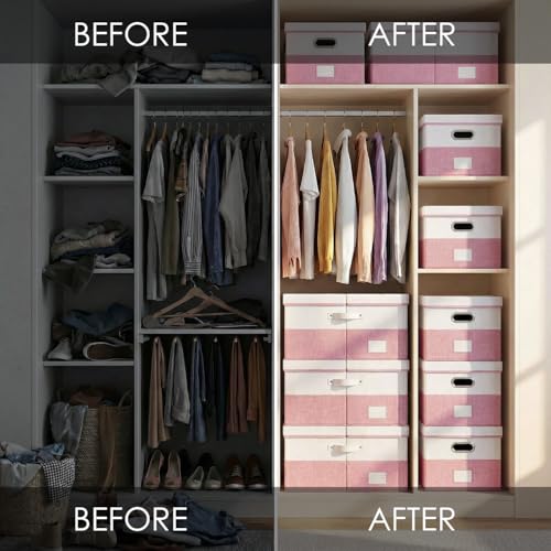 Image of PRANDOM Storage Bins with Lids [3-Pack] Linen Fabric Foldable Storage Boxes Organizer Containers Baskets Cube with Cover for Bedroom Closet Office White&Pink (23.4X15.9X11.4)