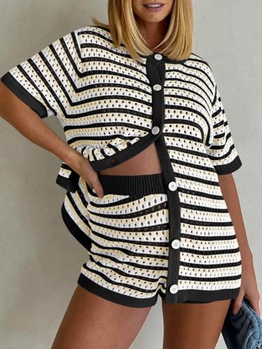 Image of Saodimallsu Womens Crochet Swimsuit Coverup Summer Beach Sets Striped Knit Short Sleeve Button Shirts 2 Piece Short Set