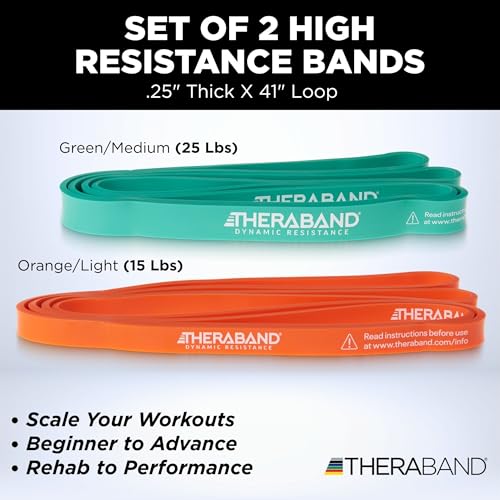 Image of THERABAND High Resistance Band Set of 2, Light and Medium Elastic Super Bands for Full Body Workouts, Physical Therapy, Strength Training, Durable 41 inch Loop Exercise Bands, 15-25 lbs Resistance