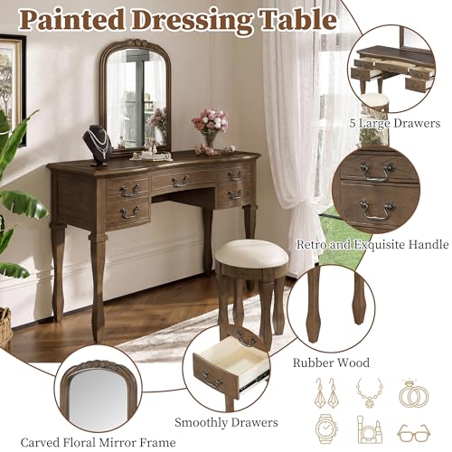 Image of JIVOIT 46 inch Vintage Makeup Vanity Table with Leather Stool, Vanity Desk with Curved Flower Frame Mirror, Dressing Table with 5 Drawers and Antique Handles, Easy Assembly