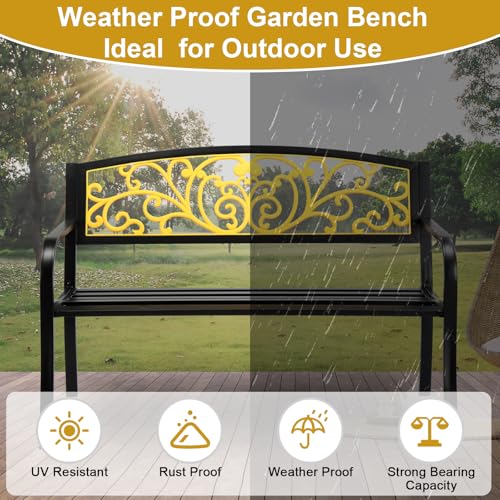 Image of VINGLI Outdoor Bench for Patio Metal Garden Bench w /PVC Back Pattern, Black Park Benches Front Porch Benches for Yard Lawn Decor Deck Entryway (Yellow&Black)