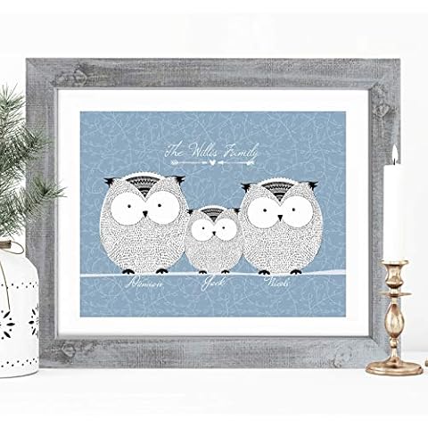 The Whistling Wren - Personalised Owl Family Tree Picture - Perfect Family Housewarming or Wedding Gift - BUILD YOUR OWN UNIQUE FAMILY TREE ART! (FRAMED - GREY WOOD with mount, Blue) Cover