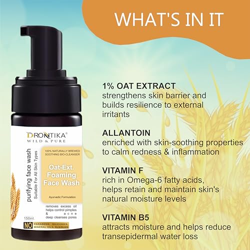 Image of Drontika Wild & Pure Oat Foaming Face Wash - 100% Natural Gentle Cleanser for Sensitive, Dry & Irritated Skin - Soothes, Hydrates & Softens - Sulfate-Free - 300ml