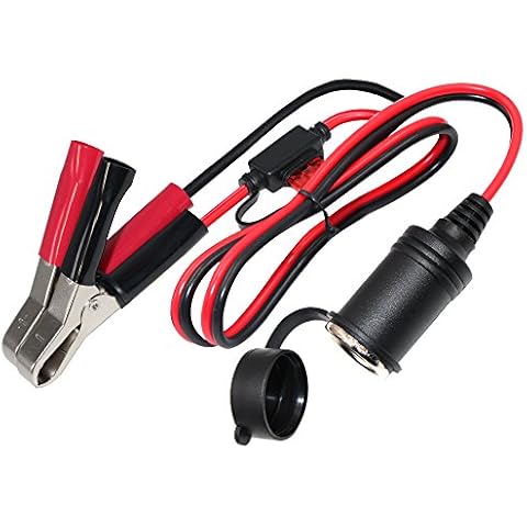 KUNCAN 2FT 12V 24V Female Car Cigarette Lighter Socket to Battery Alligator Crocodile Clips Connector, Car Battery Clamp-on Extension Charge Cable with 10A Fuse Cover