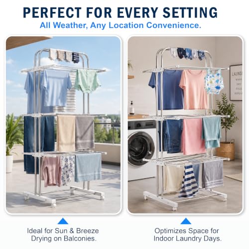 Image of JD FRESH 3 Tier Stainless Steel Clothes Drying Stand /Heavy Duty Rust Proof Laundry Rack with 360 Wheels /Foldable Cloth Hanger Stand & 24 Rods /Space Saving Cloth Dryer for Home, Balcony & Indoor Use