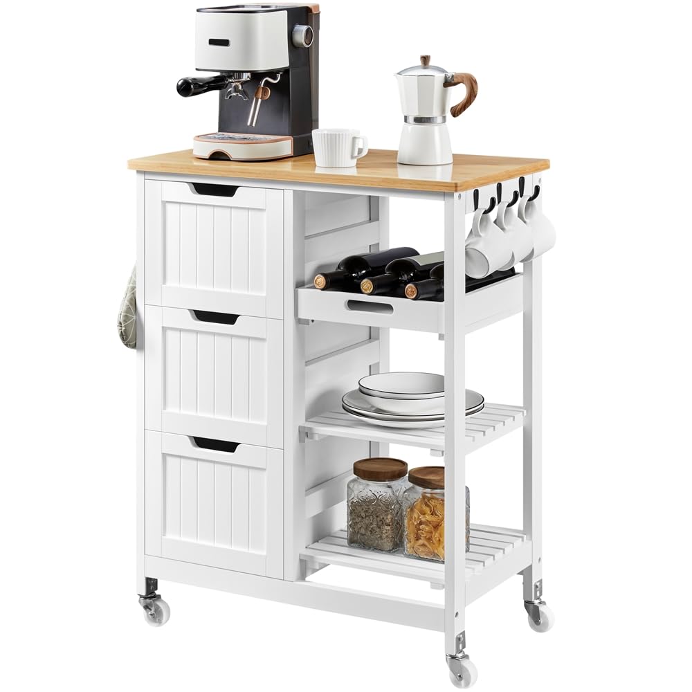Yaheetech Carrello Cucina con Ruote 3 Cassetti 3 Ripiani in Legno Salvaspazio Bianco Porta Microonde Spezie 67cm x 37cm x 84,5 cm