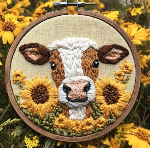 Image of DIY Punch Needle Kits Cute Cow with Hoop 20x20cm-3 | with Pattern Stamped Easy for Beginners Embroidery Punch Needle Starter Craft Set for Adults Festival Gift and Decoration