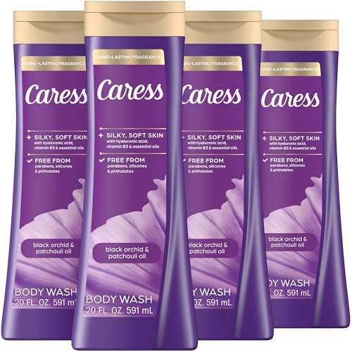 Caress Black Orchid & Patchouli Oil Body Wash, Hyaluronic Acid & Vitamin B3 for Moisturized, Silky Soft Skin, Long-Lasting Exotic Fragrance, 20 fl oz (4 Pack)