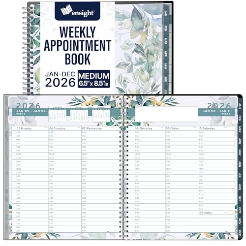 Ensight 2026 Appointment Book and Planner Ensight 6.5 x 8.5 inches Large Tabbed Daily Hourly Weekly Planner Calendar Schedule Book 30 Minute time Slots Jan 2026 Dec 2026 Floral