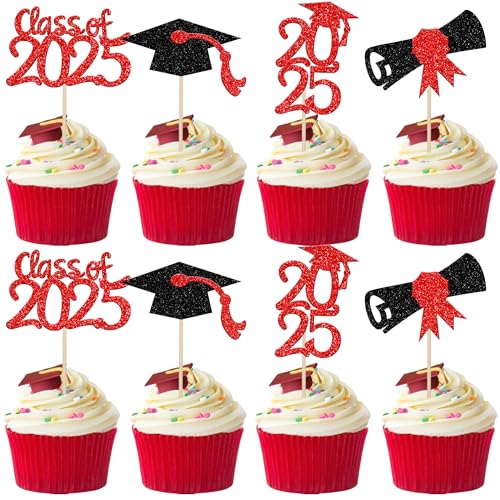 36 PCS Class of 2025 Cupcake Toppers Glitter 2025 Graduation Cap Cupcake Picks Diploma Cake Decorations for 2025 Graduation Theme Party Supplies Red