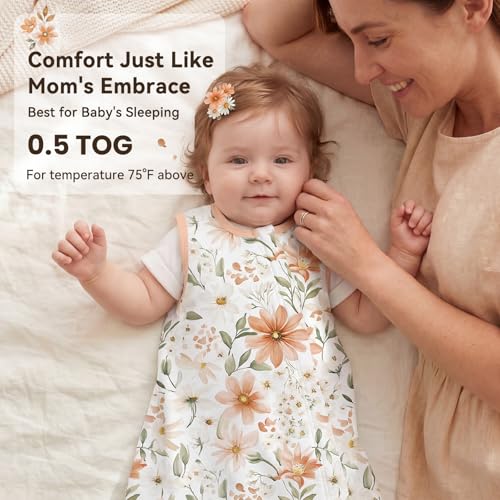 Image of Baby Sleep Sack 0-6 Months 0.5 Tog Baby Wearable Blanket 100% Cotton Sleeping Sack with 2-Way Zipper for Newborn Infant White Brown Flowers