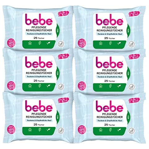 Bebe Pflegende Reinigungstücher mit Kokoswasser,besonders milde Abschminktücher aus Fasern 100% pflanzlichen Ursprungs für trockene & empfindliche Haut (6 x 25 Stück) Cover