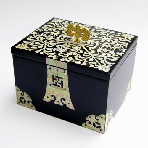 Antique AliveAntique Alive Mother of Pearl Wild Flower Bat Design Lacquered Black Wooden Asian Jewellery Trinket Keepsake Treasure Box Case Chest Organizer