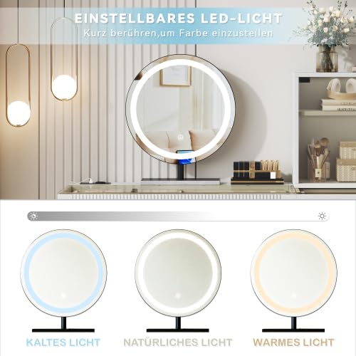 Schminktisch-Set 120cm, LED-Spiegel, 5 Schubladen & Schrank, Glasplatte