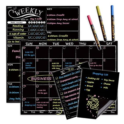 JJPRO Magnetic Chalkboard Monthly Calendar - Weekly Planner Blackboard combo set w/Neon Bright Liquid Chalk Markers - Bonus Grocery List and Notepad Blackboard for Refrigerator Included