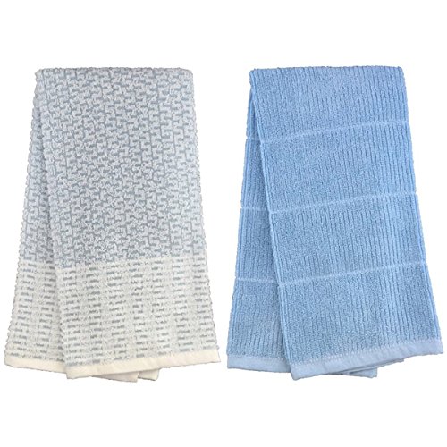 Petal Cliff Set of 4, 100% Ring-Spun Terry Cotton Kitchen Dish Towels - 410 GSM, 2 Solid and 2 White/Light Blue with Hanging Loop Super Soft, Highly Absorbent Size: 16 x 27 inch.