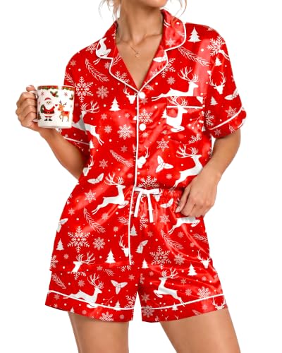 Image of Womens Silky Pajama Sets Short Sleeve Loungewear 2 Pcs Satin Soft Pj Sets Button Down Women's Summer Sleepwear