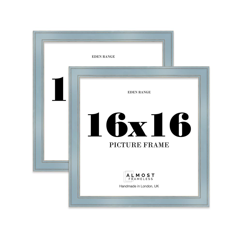 16x16 Cornflower Blue Picture Frame - Shabby Chic Photo Frame with Distressed Finish, Gold Trim, Wall Hooks, 37mm Edge - 2 Pack โ image 1