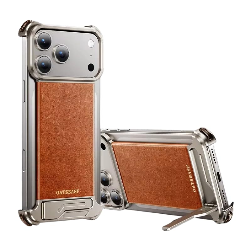 Image of Luxury Magnetic Leather Phone Case Compatible with iPhone 17 Pro with Hidden Stand | Frameless Aluminum Alloy Bumper | Shockproof Cover - Silver