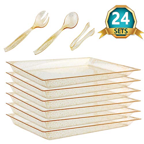 WELLIFE 24 Pack Plastic Gold Glitter Serving Tray with Disposable Utensils, 6 Rectangle