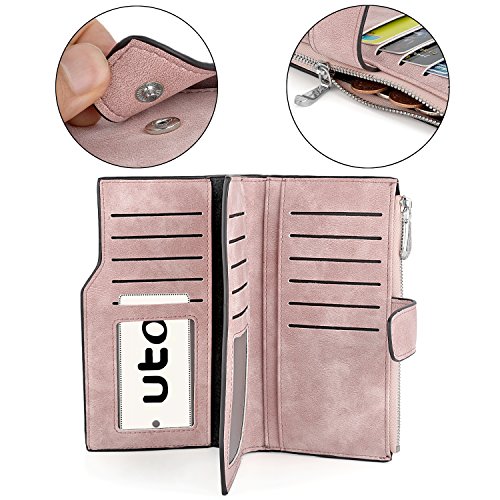 UTO RFID Wallet for Women PU Matte Leather Card Holder Organizer Zipper Coin Purse with Snap Closure Pink3