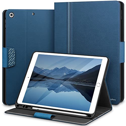 KingBlanc Case for iPad 9th Generation 2021/8th Generation 2020/7th Generation 2019 10.2 inch with Apple Pencil Holder, Vegan Leather Smart Cover, Auto Sleep/Wake, Multi-Angle Viewing Stand, Blue